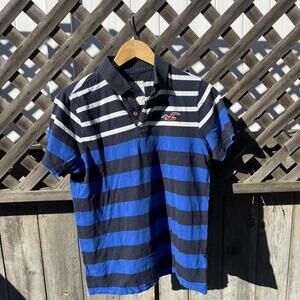 Y2K Hollister Striped Polo — Navy & Blue Rugby Style Shirt (Fits S/M)
